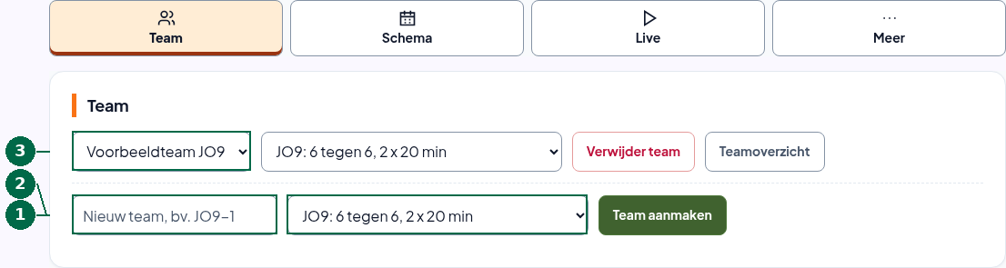 Teamkaart: 1 nieuw team invullen, 2 categorie kiezen, 3 het aangemaakte voorbeeldteam selecteren.