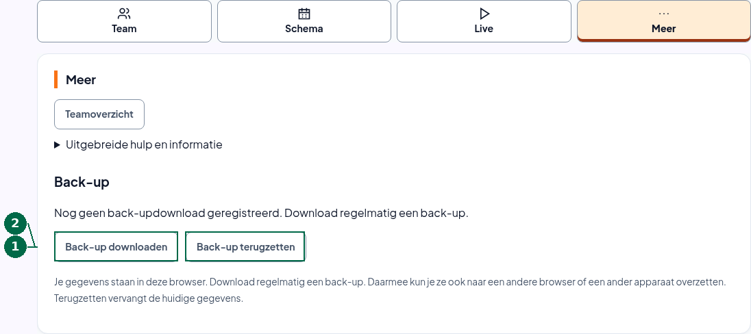 Back-upkaart: 1 alle gegevens downloaden als JSON, 2 een bestand kiezen om de huidige gegevens te vervangen.
